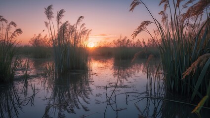 Sunrise over marshland with tall grass and water reflections landscape