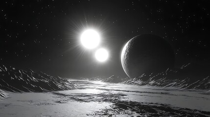 Distant planets and twin suns monochrome celestial landscape