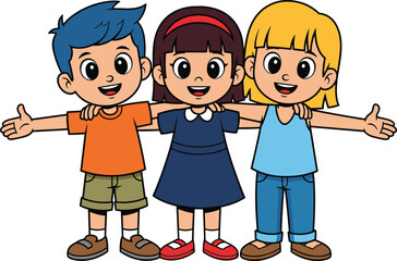 Happy cartoon kids standing together with arms around, friendship, unity, cute children, smiling friends illustration, school age group, vector art