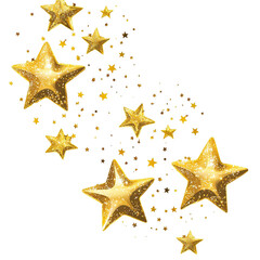 Golden stars and confetti falling in a dynamic swirl on white isolated on transparent background