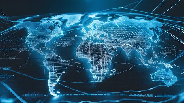 Stylized glowing world map with animated data lines, charts, and real-time metrics. Abstract mesh grid over continents, no people or landmarks