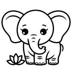 Fototapeta premium Cute elephant stands beside a lotus flower in a delightful and simple design tattoo line art