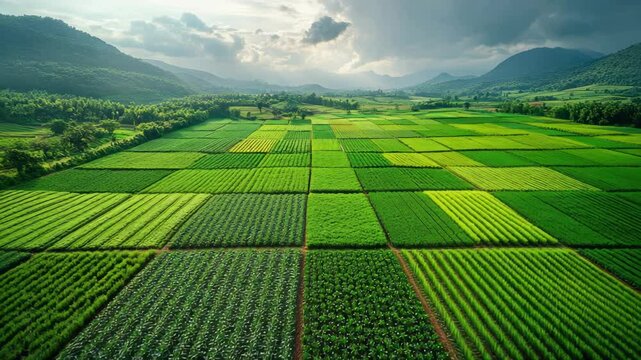 Green agricultural field with vibrant crops growing neat rectangular and square plots cloudy sky, surrounded by rural farmland, mountains, and natural plantation landscape showcasing peaceful nature