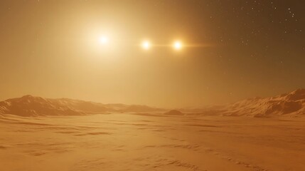 Distant world landscape two suns horizon