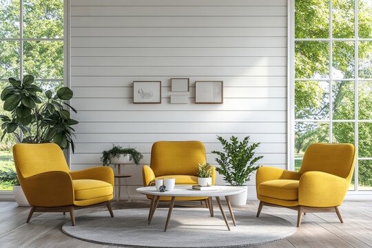 Interior design of a living room with a coffee table and green armchair, with a mock-up poster on the wall for creative customization. 3D rendering, Generative AI