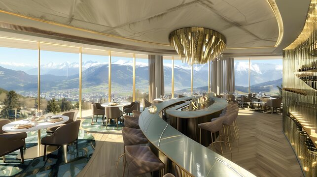 Elegant restaurant interior with panoramic mountain views and upscale dining experience