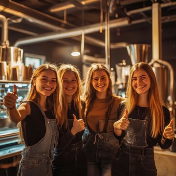 group of girls showing thumbs up in a trendy coffee roastery with industrial decor and warm tones
