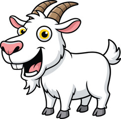 Happy cartoon goat with big eyes, smiling farm animal, white goat character, funny livestock illustration, cheerful horned mammal drawing