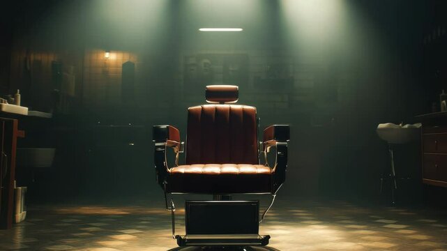 Vintage barber chair with leather seat and metal armrest in classic salon interior featuring wooden floor, moody lighting, nostalgic calm atmosphere, and timeless vintage chair design