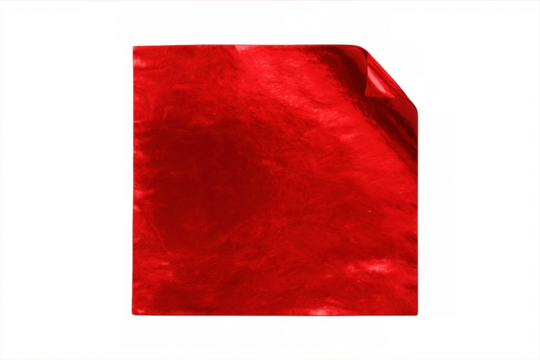 Crumpled red metallic foil with curled edge, reflecting light against transparent backdrop, showing glossy textural surface