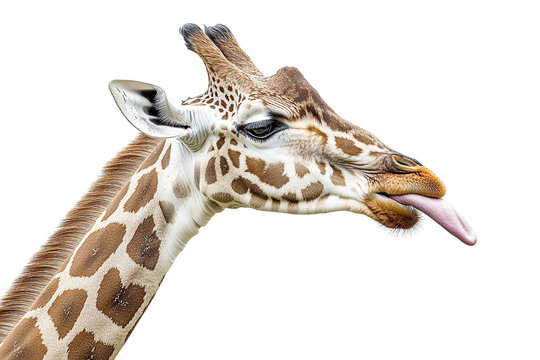 A giraffe playfully sticks out its tongue, isolated on a transparent background