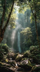 Lush waterfall cascading down a rocky ravine in a dense forest.