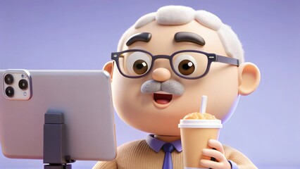 Smiling 3D senior man with glasses using smartphone and drinking. Elderly character enjoying digital content.