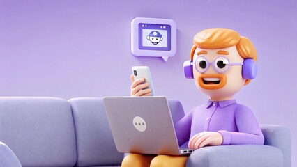 3D Cartoon Character with Laptop and Phone Interacting with AI Chatbot on Sofa