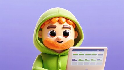 Friendly 3D Cartoon Character in Green Hoodie Working on Laptop, Representing Programming & Digital Tasks