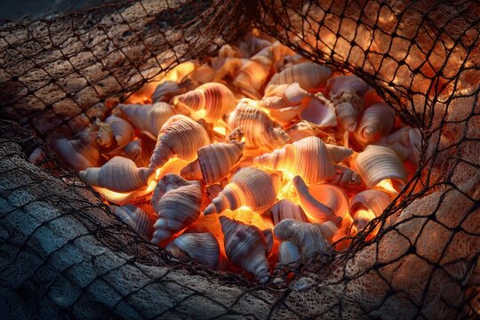 glowing conch shells piled in a fishing net