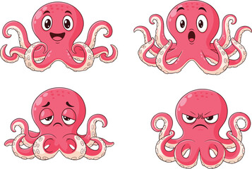 Cute cartoon octopus character expressions set, happy angry sad surprised emotions, marine sea animal vector, funny underwater creature design © Creative Asif