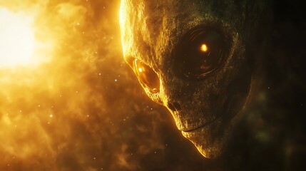 Dramatic closeup of alien face with glowing eyes
