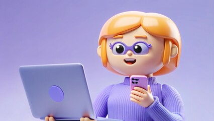 Smiling 3D cartoon woman multitasking with laptop and smartphone. Cute character engaged with digital devices on purple.