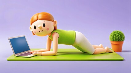Cute 3D Character Doing Plank Exercise with Laptop on Yoga Mat for Online Home Workout