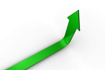 Green 3D arrow is curving upward against minimalist white backdrop, with glossy shading © vectorfusionart