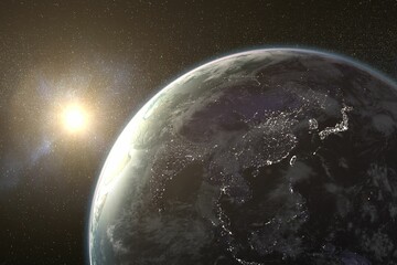 Bright sun behind planet Earth
