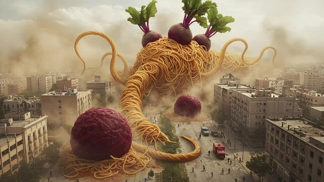 Giant spaghetti monster with meatballs in cityscape chaos