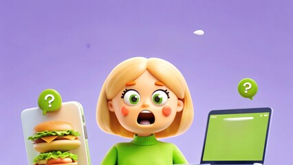 Shocked 3D Cartoon Woman with Smartphone, Laptop, and Burger. Digital Dilemma Concept.