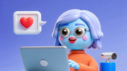 Cute 3D character with laptop receiving social media likes. Online engagement, digital communication, content creation concept.