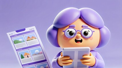 Happy 3D Senior Woman Browsing Digital Content on Tablet with Gallery App Background