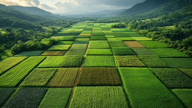 Green agricultural field farmland aerial view mountain background rural landscape sunlight crop cultivation patchwork pattern showcasing vibrant nature peaceful environment and farmland beauty cloudy