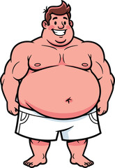 Fototapeta premium Funny cartoon fat man, overweight character illustration, chubby guy in shorts, smiling big body cartoon, vector human comic design