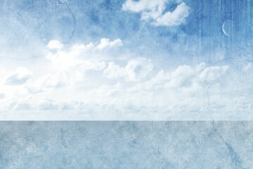 Vector flat design is showing seamless horizon line meeting calm sea and bright sky under clouds