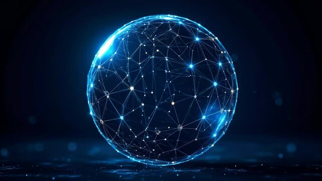 Glowing blue sphere with network nodes and lines over dark background