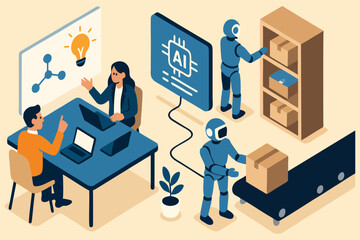 Fototapeta premium Isometric Flat Vector Illustration of AI Automating Workplace with Humans in Creative Planning