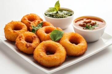 Elegant plating of medu vada with sambar and chutneys