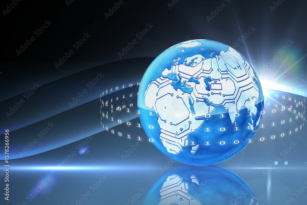 Poster 3d render globe with circuitry is glowing above shiny base emitting binary ribbon and light streaks