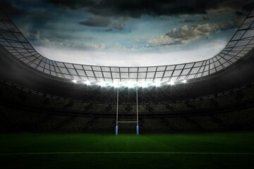 Flat design rugby goalposts are standing in empty stadium at dusk, with floodlights and curved roof