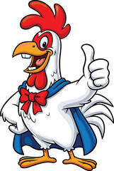 Funny cartoon rooster mascot character, superhero chicken illustration, thumbs up poultry, vector farm animal, confident bird, colorful, comic style
