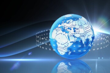 3D render globe with circuitry is glowing above shiny base emitting binary ribbon and light streaks