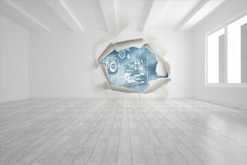 Rip on wall showing technology interface