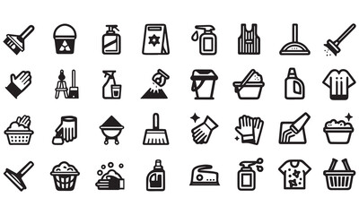 washing, vacuum cleaner, detergent, cleaning tools, equipment, household appliances and more. Editable stroke. Vector illustration.
