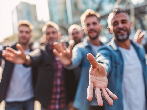group of men gesturing come here with hand communication concept outdoor urban location daylight scene