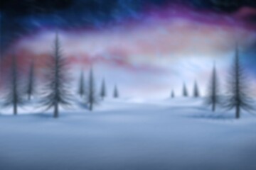 Single pine tree is standing in flat design winter landscape, showing snowdrifts and twilight sky