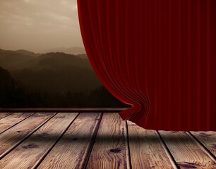 Flat design scene is revealing misty forested mountains beyond drawn red curtain on wooden floor