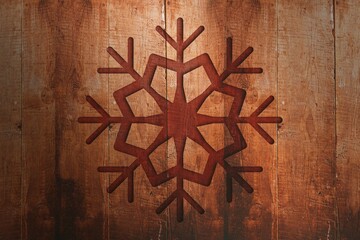 Naklejka premium Displaying stylized six-armed snowflake flat design on vertical wooden planks, highlighting texture
