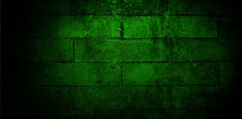 Weathered green brick wall is showing flat design pattern with visible mortar lines