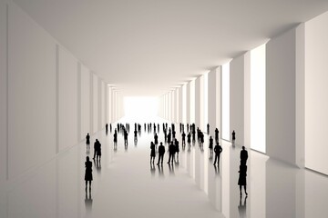 Tiny figures in white hall