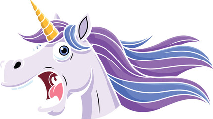 Funny cartoon unicorn face illustration, surprised unicorn head vector, colorful mane, magical creature, fantasy animal clip art, whimsical design element © Creative Asif