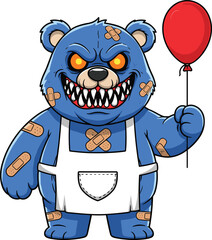 Scary cartoon teddy bear with sharp teeth, red balloon, bandages, evil expression, blue monster bear character, vector illustration